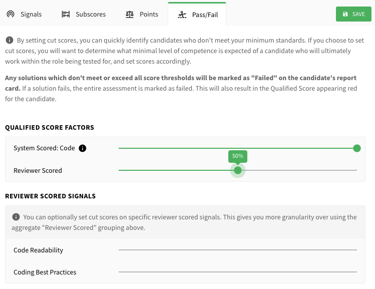 Typical coding challenge cut score configuration, with 100% test cases required and 50% reviewer score card (overall)