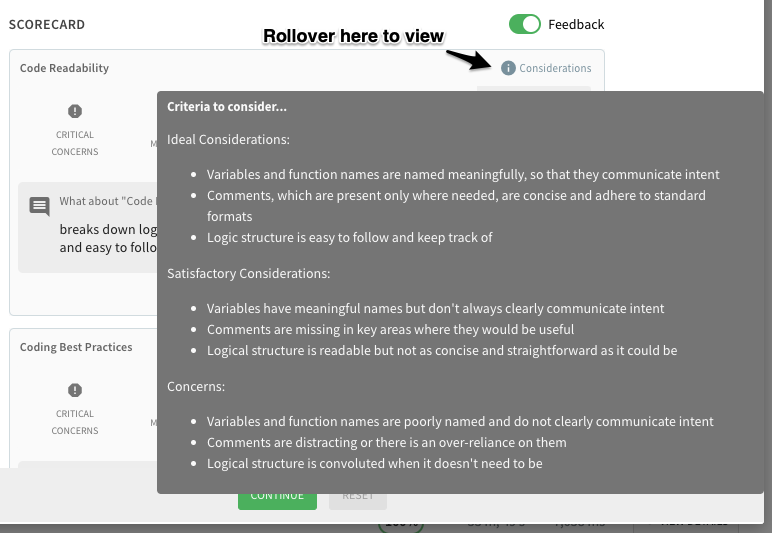 Example scorecard with considerations tooltip activated