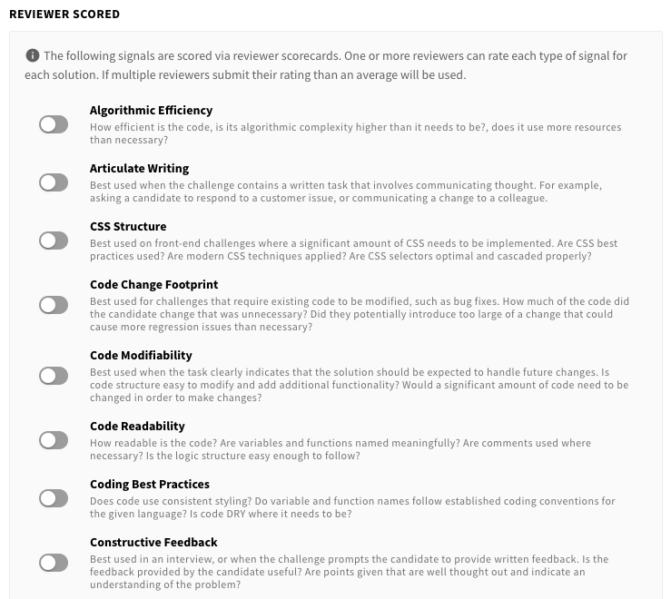 Example partial list of reviewer scored signals