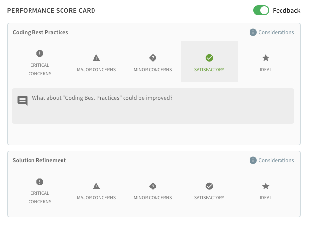 Example scorecard ratings with optional feedback